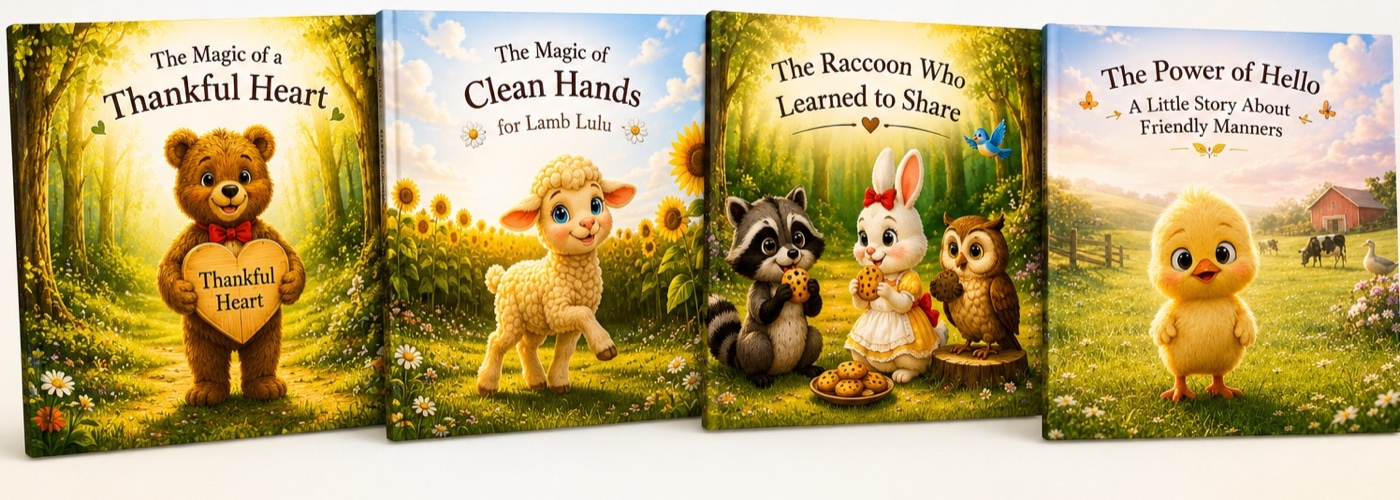 Four stories inside: The Magic of a Thankful Heart, The Magic of Clean Hands, The Raccoon Who Learned to Share, The Power of Hello